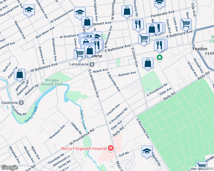 map of restaurants, bars, coffee shops, grocery stores, and more near 33 Linden Avenue in Lansdowne