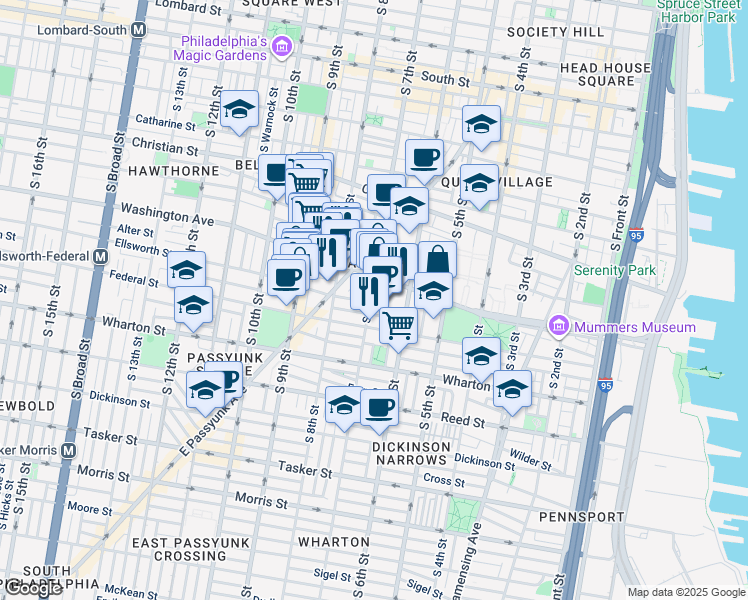 map of restaurants, bars, coffee shops, grocery stores, and more near 1129 South 7th Street in Philadelphia