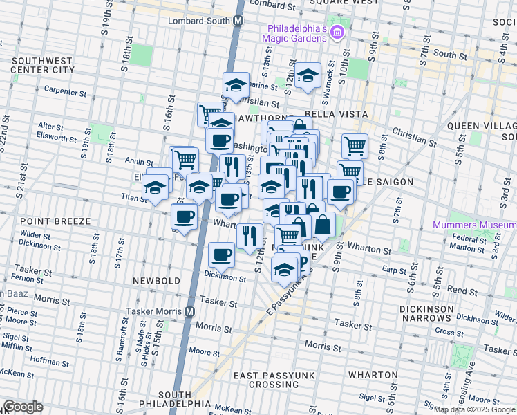 map of restaurants, bars, coffee shops, grocery stores, and more near 1201 Latona Street in Philadelphia