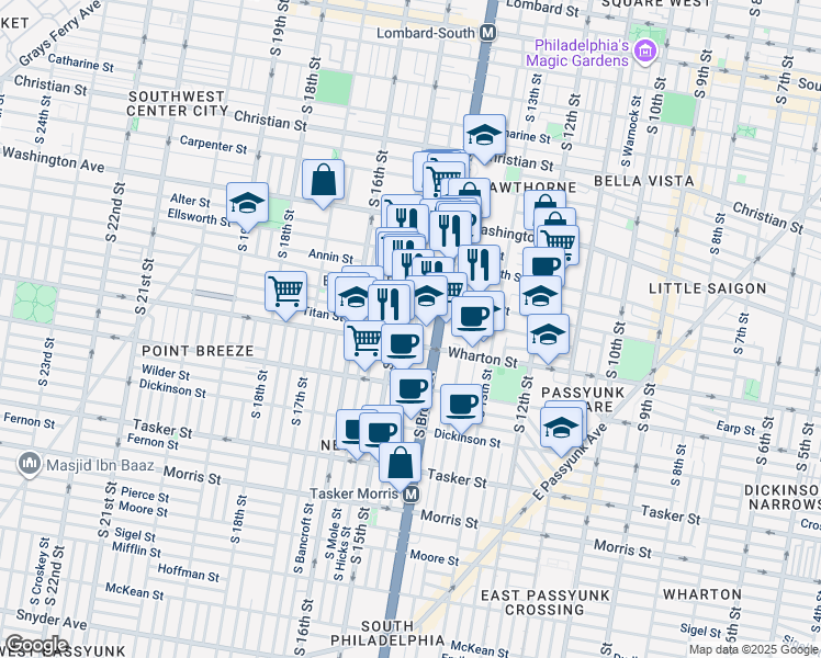 map of restaurants, bars, coffee shops, grocery stores, and more near 1246 South Carlisle Street in Philadelphia