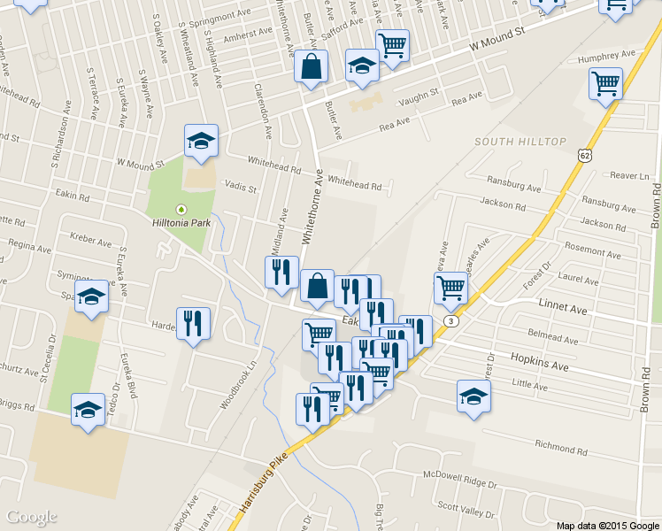map of restaurants, bars, coffee shops, grocery stores, and more near 2180 Eakin Road in Columbus