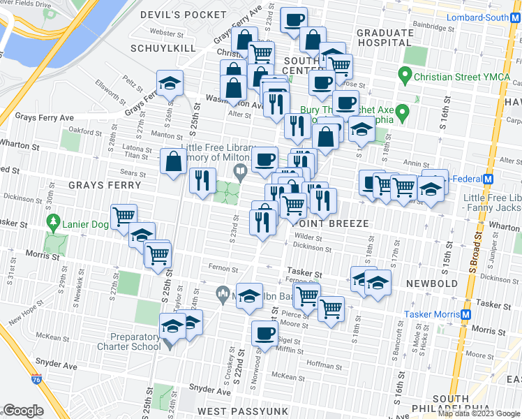 map of restaurants, bars, coffee shops, grocery stores, and more near 1340 South 22nd Street in Philadelphia