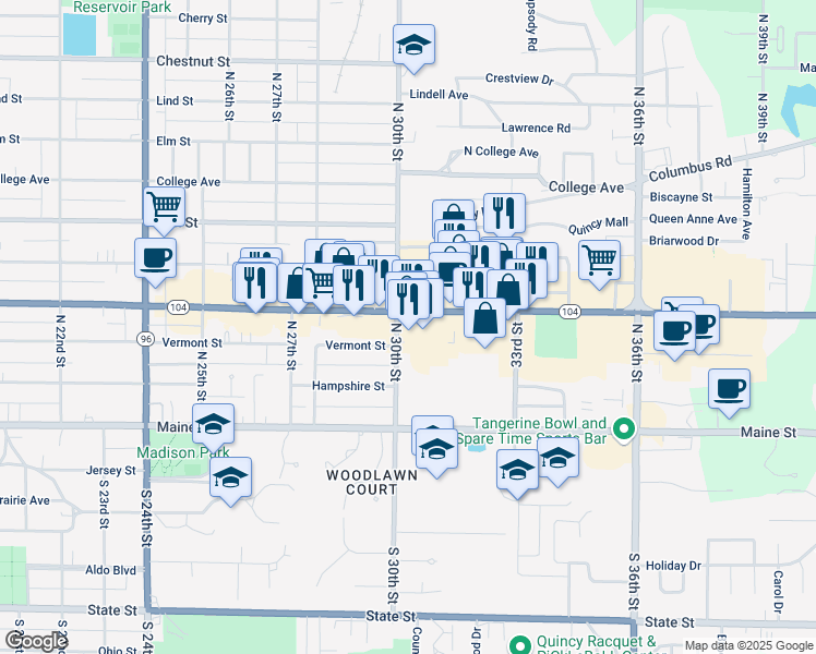 map of restaurants, bars, coffee shops, grocery stores, and more near 301 North 30th Street in Quincy
