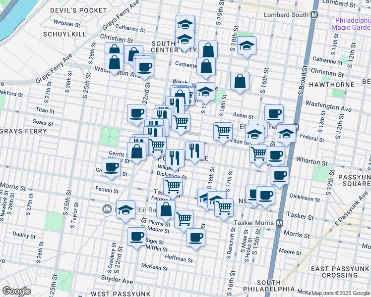 map of restaurants, bars, coffee shops, grocery stores, and more near 1323 South Opal Street in Philadelphia