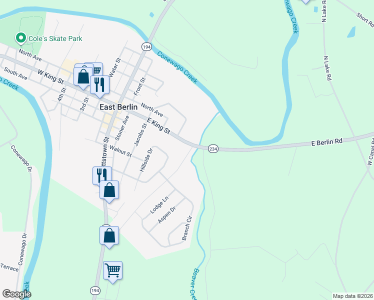 map of restaurants, bars, coffee shops, grocery stores, and more near 231 East King Street in East Berlin