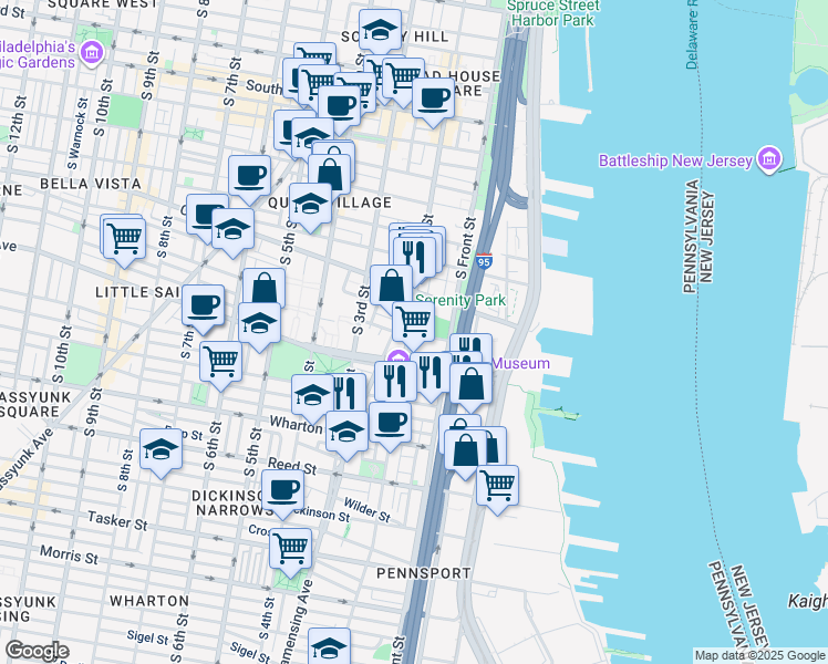 map of restaurants, bars, coffee shops, grocery stores, and more near 949 South 2nd Street in Philadelphia