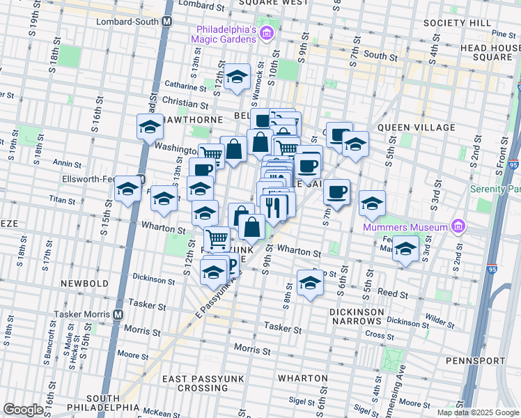 map of restaurants, bars, coffee shops, grocery stores, and more near 926 Annin Street in Philadelphia