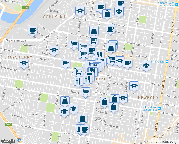 map of restaurants, bars, coffee shops, grocery stores, and more near 1340 South 22nd Street in Philadelphia