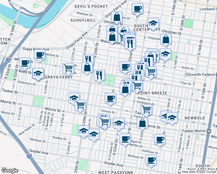 map of restaurants, bars, coffee shops, grocery stores, and more near 2311 Gerritt Street in Philadelphia