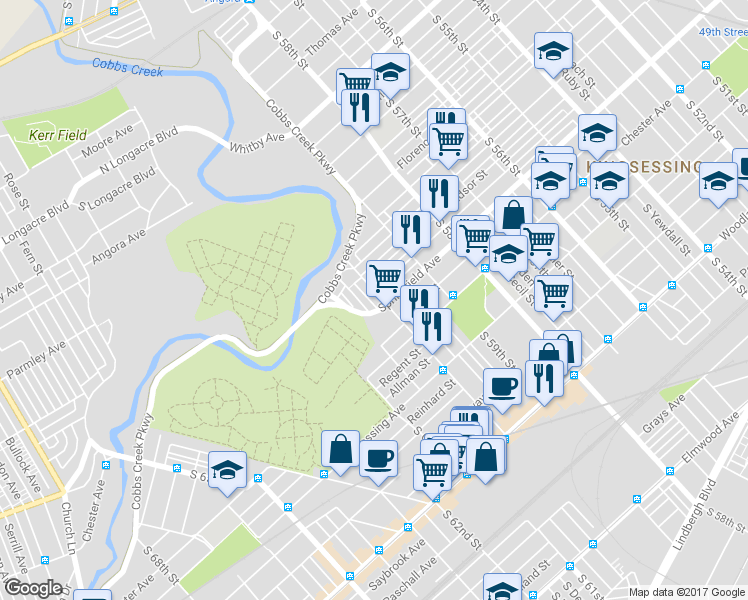 map of restaurants, bars, coffee shops, grocery stores, and more near 1754 South 60th Street in Philadelphia
