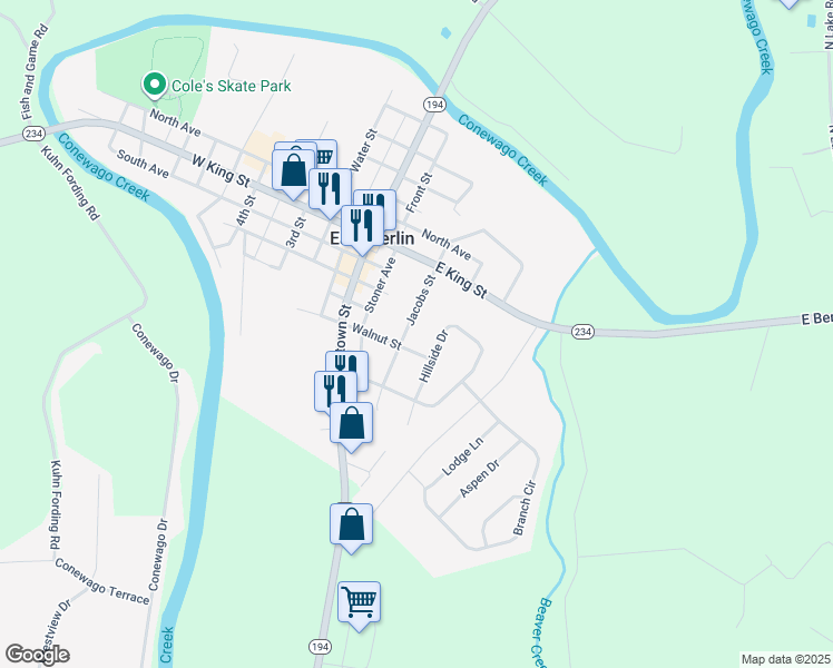 map of restaurants, bars, coffee shops, grocery stores, and more near 210 Jacobs Street in East Berlin