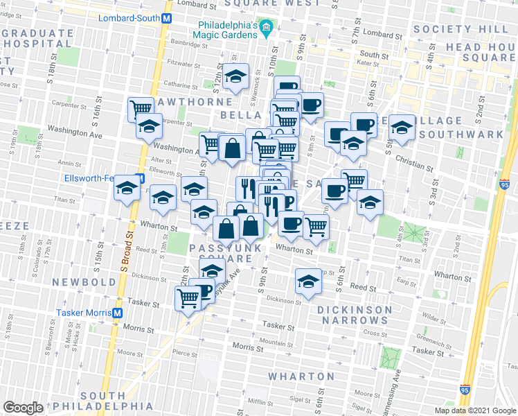 map of restaurants, bars, coffee shops, grocery stores, and more near 926 Annin Street in Philadelphia