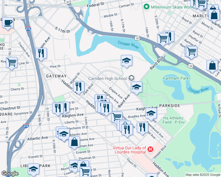 map of restaurants, bars, coffee shops, grocery stores, and more near Empire Ave & Wildwood Ave in Camden