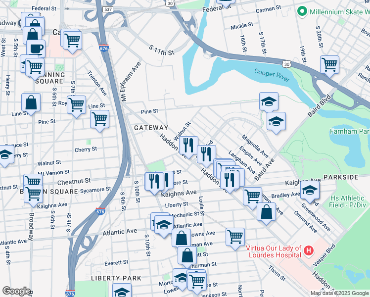 map of restaurants, bars, coffee shops, grocery stores, and more near 1046 Haddon Avenue in Camden