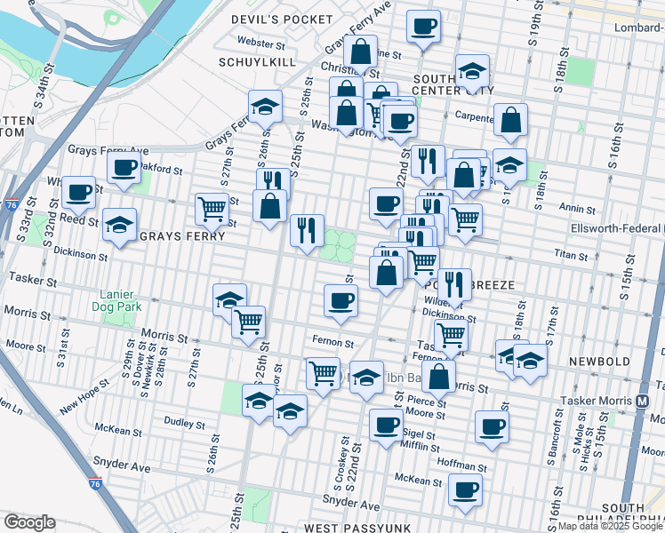 map of restaurants, bars, coffee shops, grocery stores, and more near 2328 Reed Street in Philadelphia