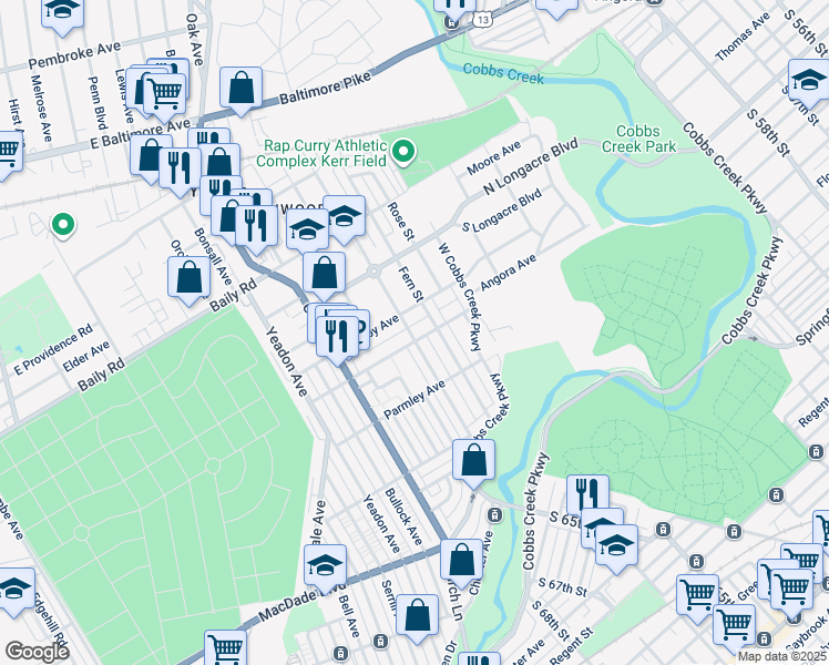 map of restaurants, bars, coffee shops, grocery stores, and more near 901 Guenther Avenue in Yeadon