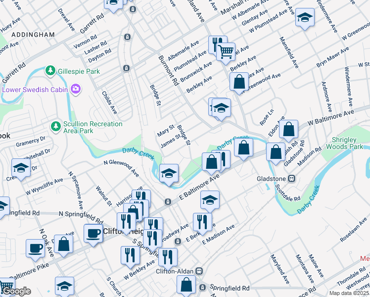 map of restaurants, bars, coffee shops, grocery stores, and more near 3908 Dennison Avenue in Drexel Hill