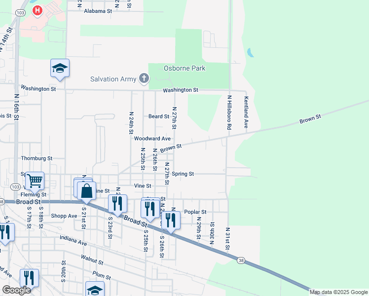map of restaurants, bars, coffee shops, grocery stores, and more near 2719 Brown Street in New Castle