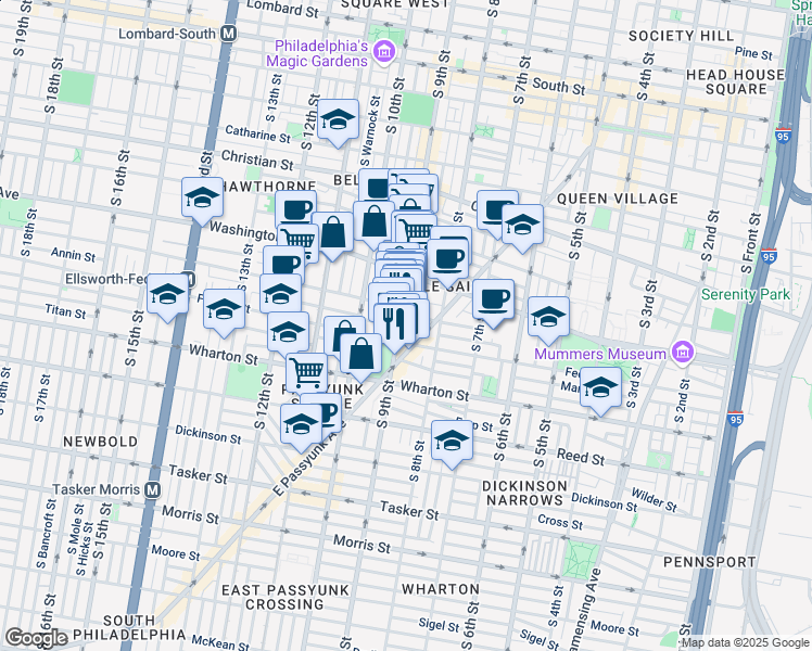 map of restaurants, bars, coffee shops, grocery stores, and more near 1166 South 9th Street in Philadelphia