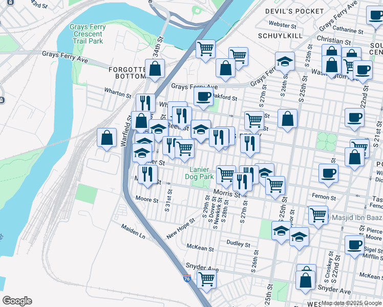 map of restaurants, bars, coffee shops, grocery stores, and more near 1511 South Corlies Street in Philadelphia
