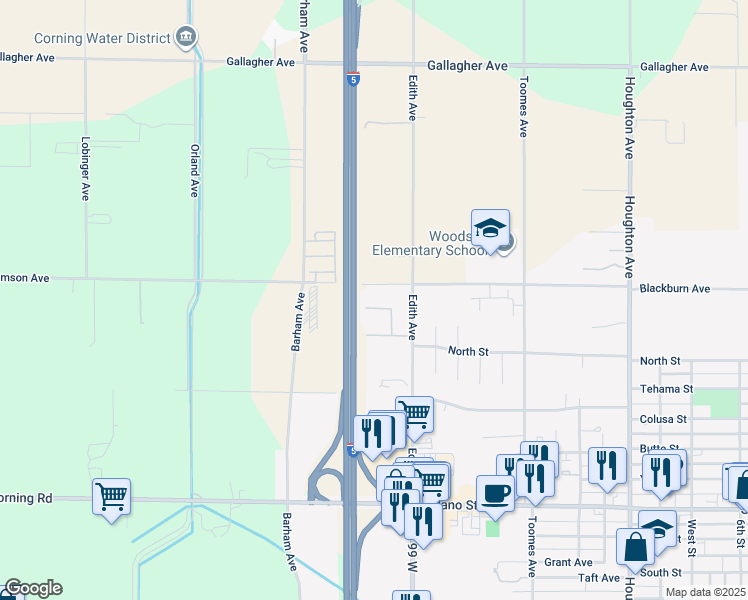 map of restaurants, bars, coffee shops, grocery stores, and more near 240 Edith Avenue in Corning