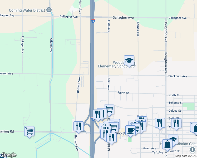 map of restaurants, bars, coffee shops, grocery stores, and more near 240 Edith Avenue in Corning