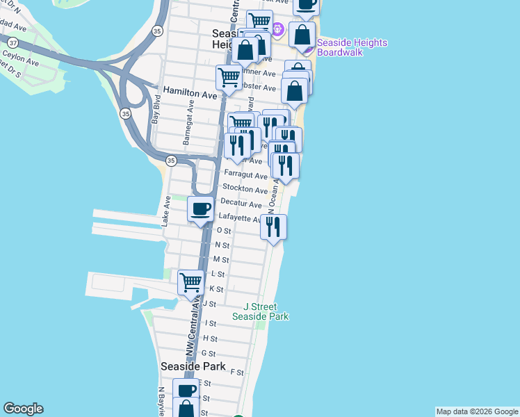 map of restaurants, bars, coffee shops, grocery stores, and more near 1601 North Ocean Avenue in Seaside Park