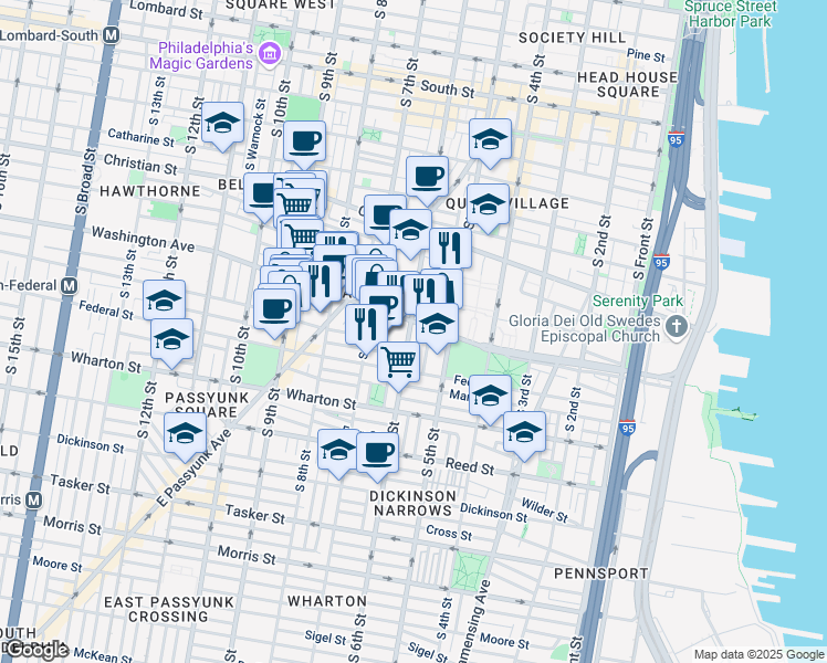 map of restaurants, bars, coffee shops, grocery stores, and more near 600 Washington Avenue in Philadelphia