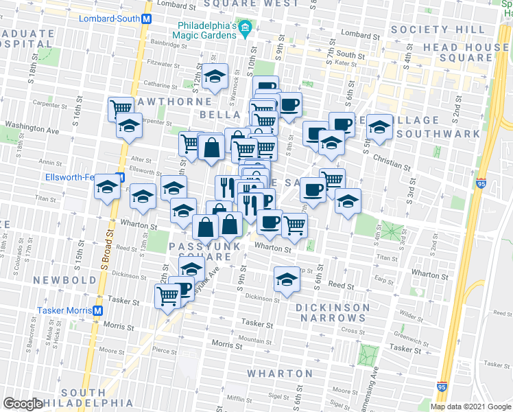map of restaurants, bars, coffee shops, grocery stores, and more near 1166 South 9th Street in Philadelphia