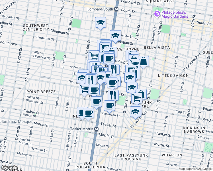 map of restaurants, bars, coffee shops, grocery stores, and more near 1234 South Juniper Street in Philadelphia