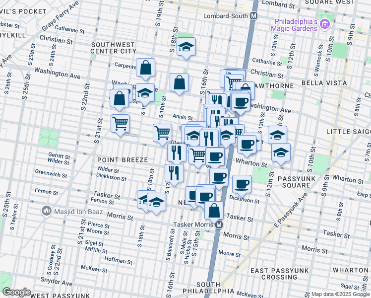map of restaurants, bars, coffee shops, grocery stores, and more near 1602 Wharton Street in Philadelphia