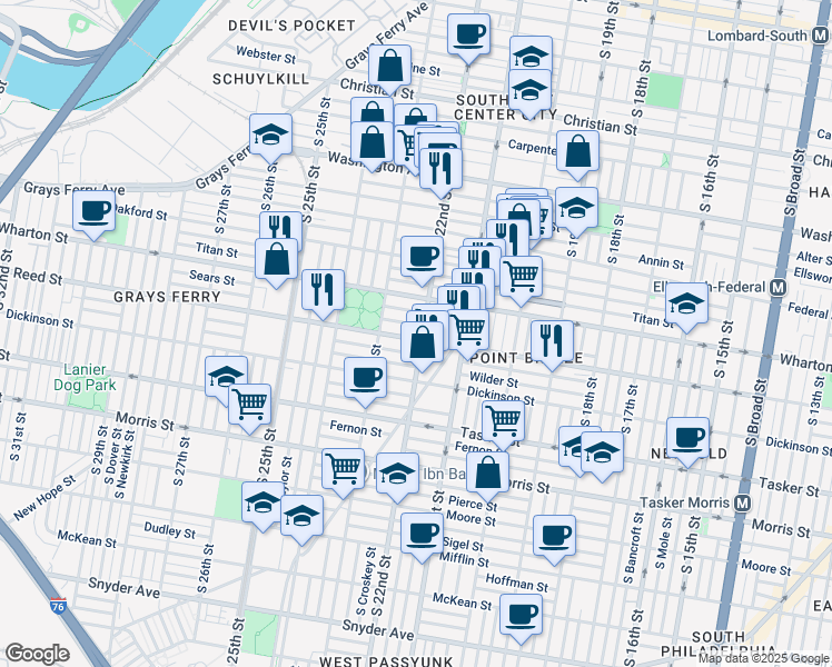 map of restaurants, bars, coffee shops, grocery stores, and more near 2216 Reed Street in Philadelphia