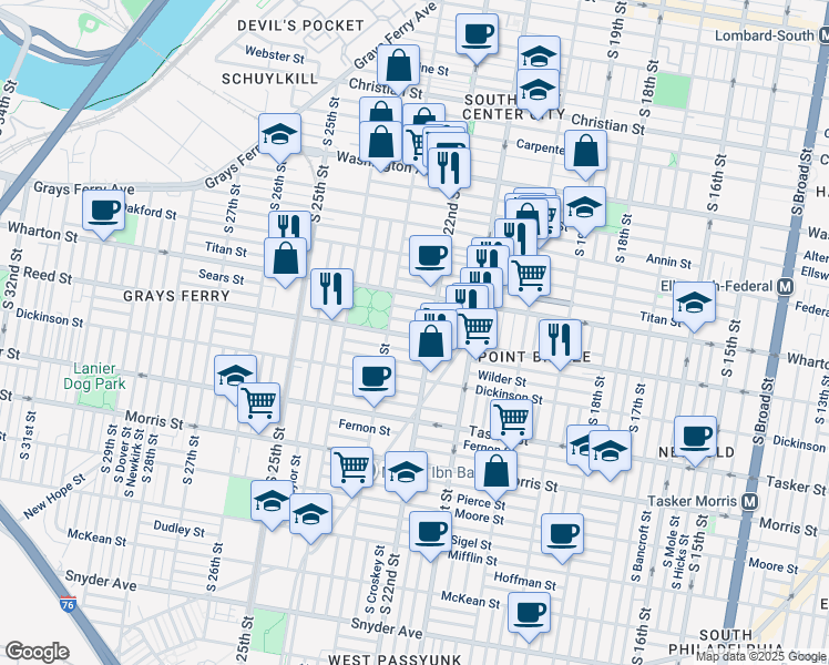 map of restaurants, bars, coffee shops, grocery stores, and more near 2216 Reed Street in Philadelphia