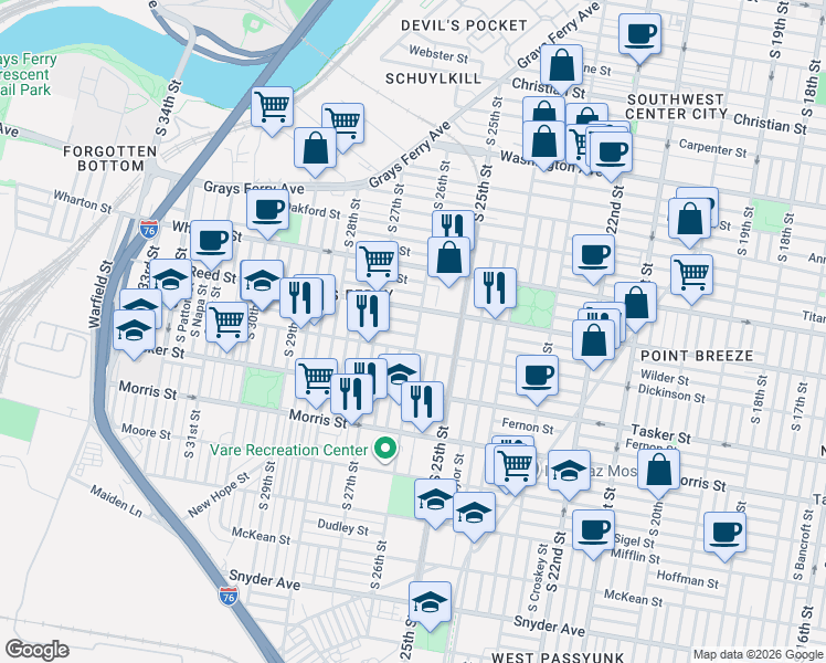 map of restaurants, bars, coffee shops, grocery stores, and more near 2600 Wilder Street in Philadelphia