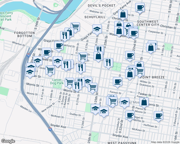 map of restaurants, bars, coffee shops, grocery stores, and more near 2600 Wilder Street in Philadelphia