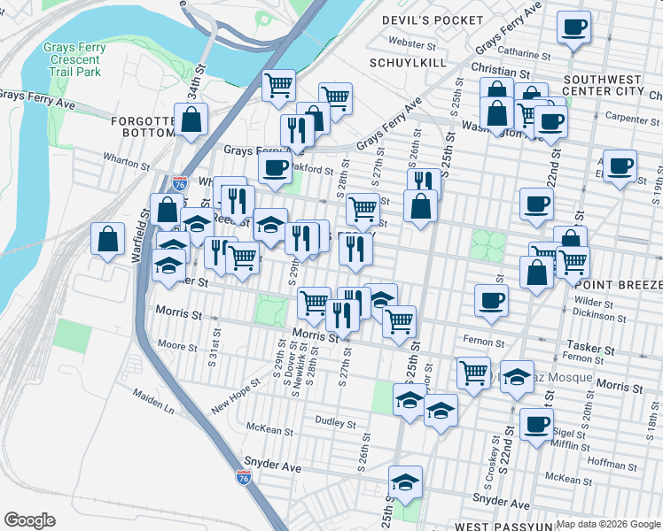 map of restaurants, bars, coffee shops, grocery stores, and more near 1500 South Marston Street in Philadelphia