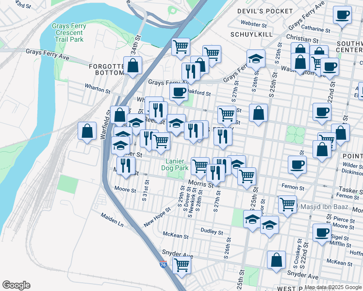 map of restaurants, bars, coffee shops, grocery stores, and more near 1519 South Myrtlewood Street in Philadelphia