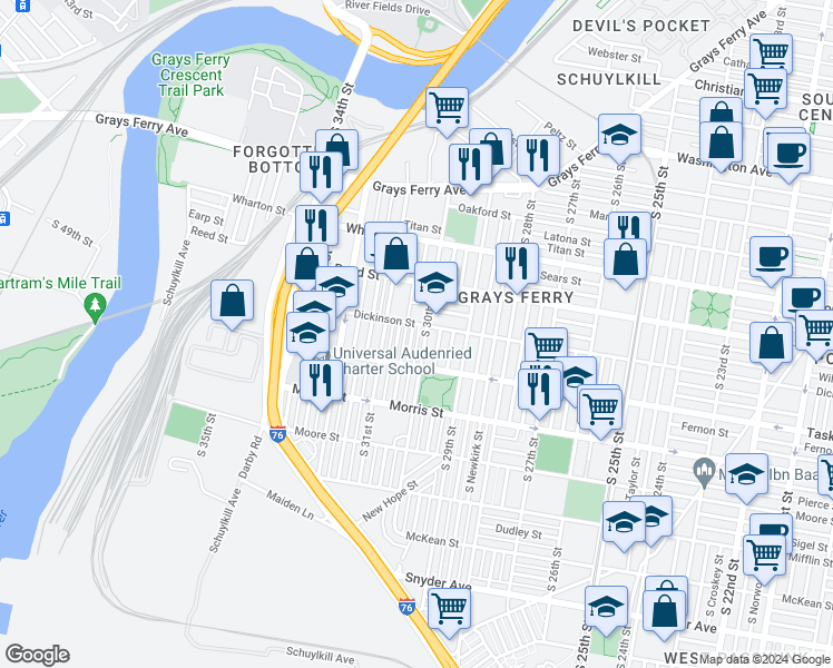 map of restaurants, bars, coffee shops, grocery stores, and more near 1511 South Corlies Street in Philadelphia