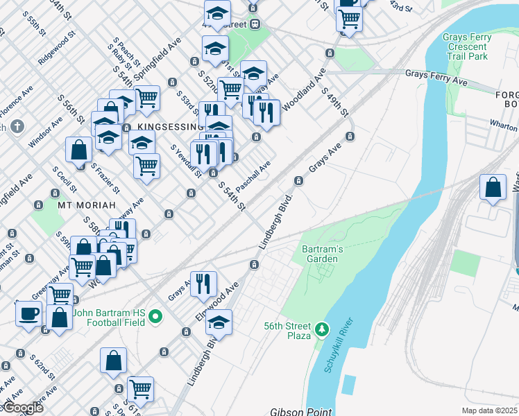 map of restaurants, bars, coffee shops, grocery stores, and more near 5343 Grays Avenue in Philadelphia