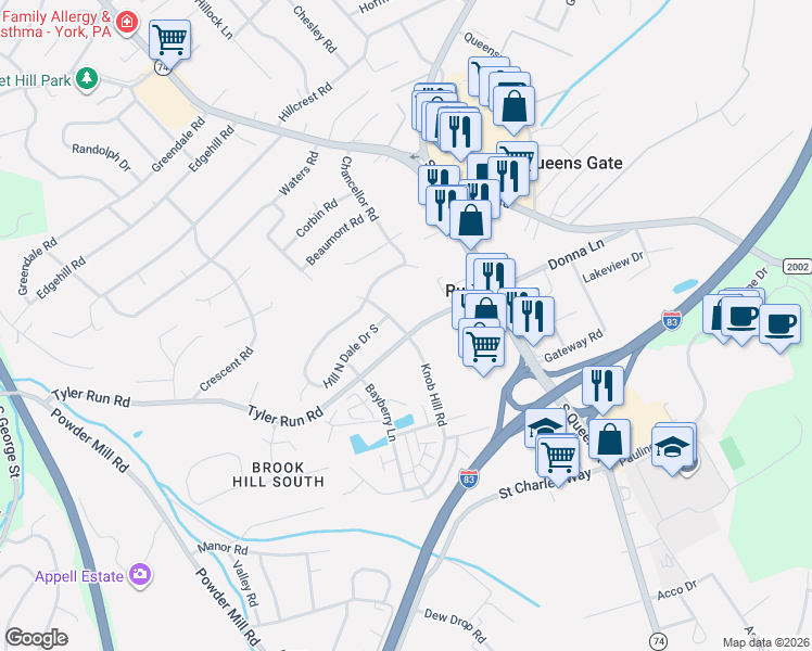 map of restaurants, bars, coffee shops, grocery stores, and more near 410 Tyler Run Road in York