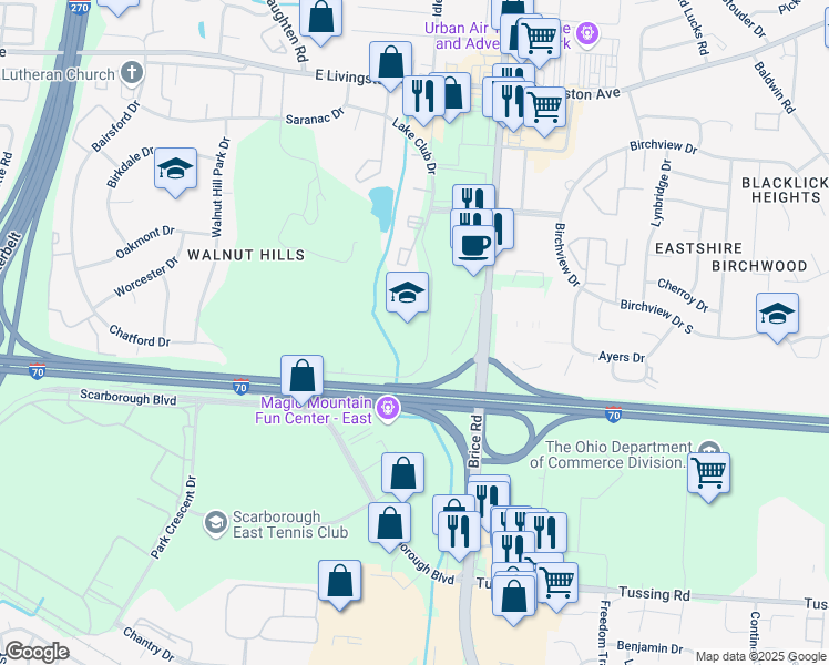 map of restaurants, bars, coffee shops, grocery stores, and more near 2323 Lake Club Drive in Columbus