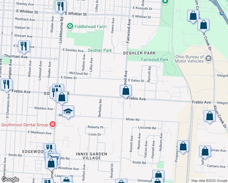 map of restaurants, bars, coffee shops, grocery stores, and more near 1476 Frebis Avenue in Columbus