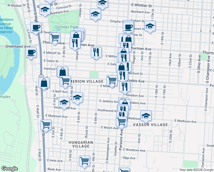 map of restaurants, bars, coffee shops, grocery stores, and more near 361 East Moler Street in Columbus