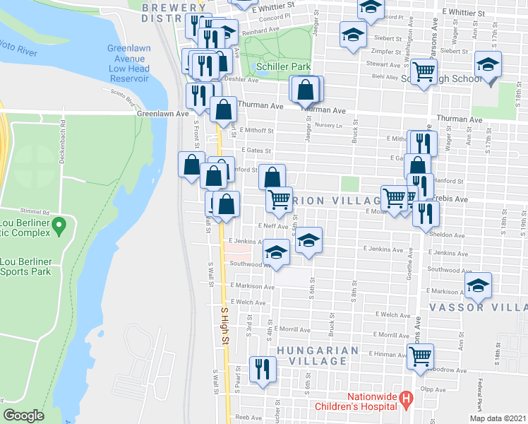 map of restaurants, bars, coffee shops, grocery stores, and more near 1364 South 3rd Street in Columbus