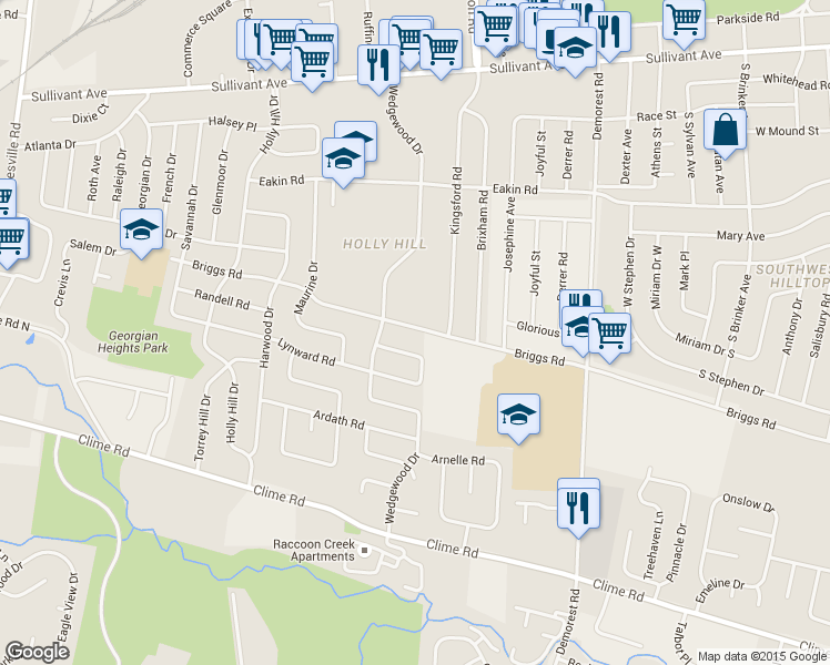 map of restaurants, bars, coffee shops, grocery stores, and more near 3740 Shirley Lane in Columbus