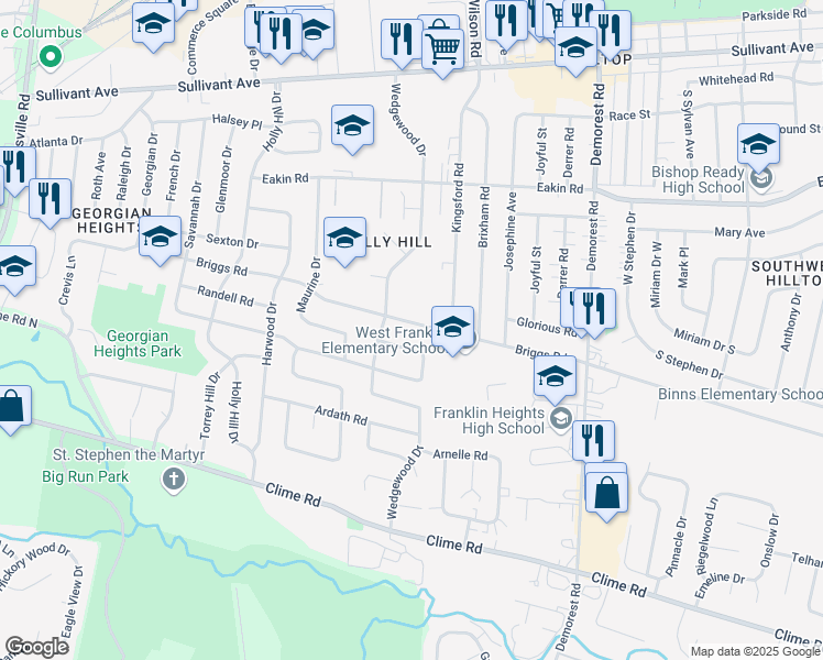 map of restaurants, bars, coffee shops, grocery stores, and more near 3740 Shirley Lane in Columbus