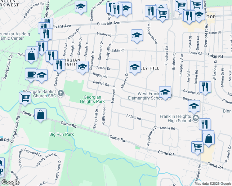 map of restaurants, bars, coffee shops, grocery stores, and more near 3904 Lynward Road in Columbus