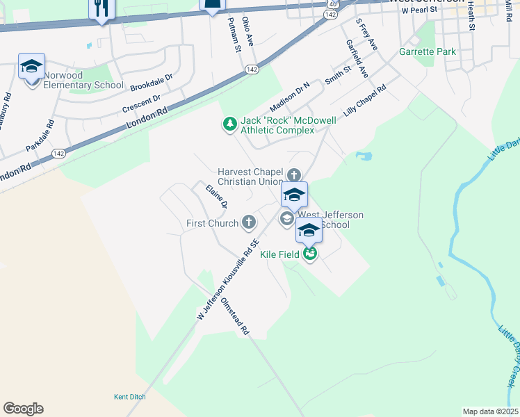 map of restaurants, bars, coffee shops, grocery stores, and more near 799 Dozer Drive in West Jefferson