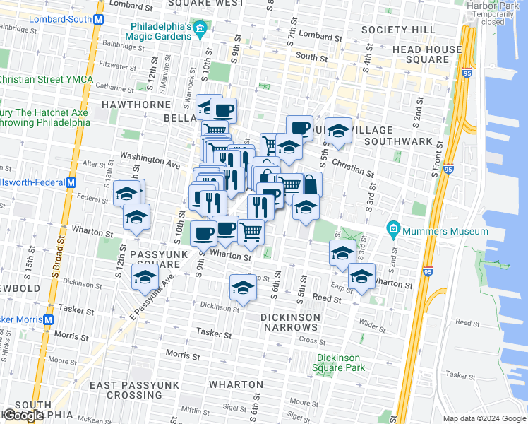 map of restaurants, bars, coffee shops, grocery stores, and more near 1129 South 7th Street in Philadelphia