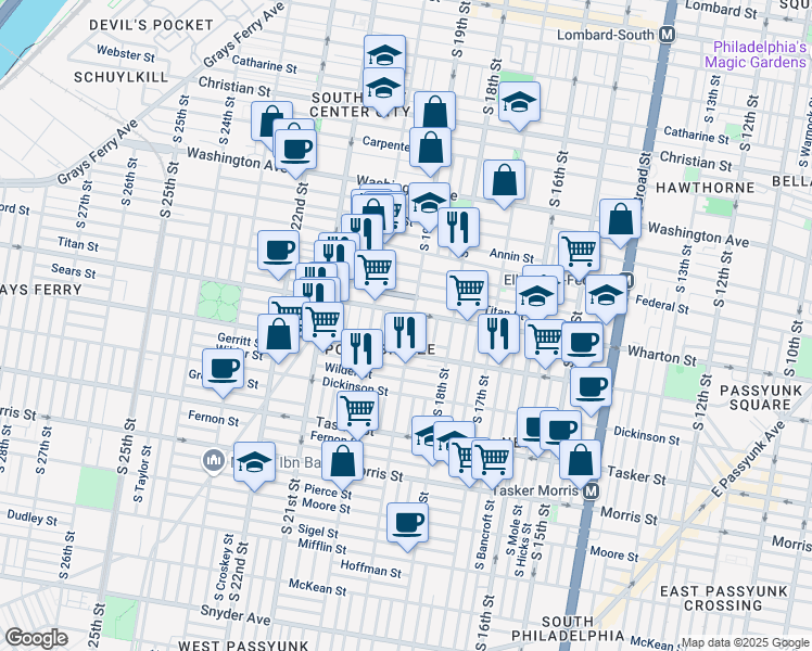map of restaurants, bars, coffee shops, grocery stores, and more near 1334 South 19th Street in Philadelphia